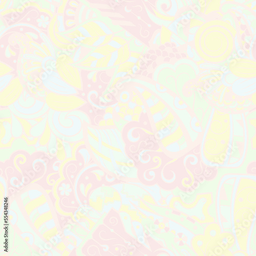 Tracery seamless pattern. Mehndi design. Pastel. 6 colors. Ethnic doodle texture. Curved doodling background. Vector