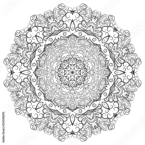 Mandala. Tracery wheel image. Mehndi design. Binary monochrome black and white. Ethnic doodle art. Curved doodling picture. Vector