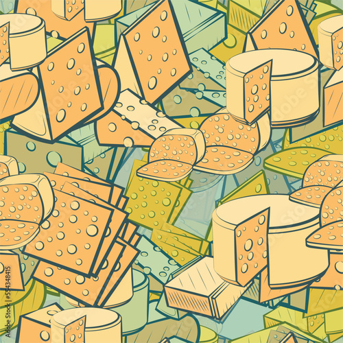 Background pattern abstract design texture. Seamless. Cheeses. Theme is about chunks, classical, thinly sliced, cheese, big, remnant, briquette, triangle, solid, lies, a circle, hard cheese