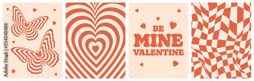 Set retro groovy lovely backgrounds in trendy 70s style. Happy Valentines day greeting card. Be mine valentine.