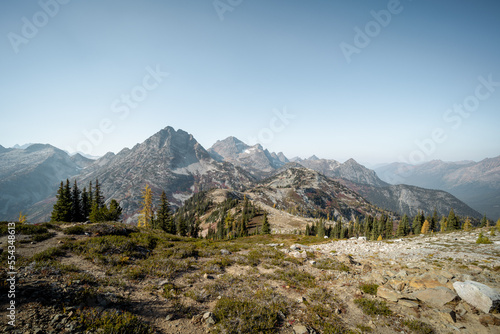High mountain peak and range at the top of maple pass hike in north cascades national park in norther washington state unites states of america with blue sky for copy space.