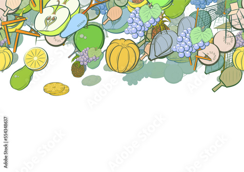 Background pattern abstract design texture. Tennis and Fruits. Horizontal seamless stripe. Border frame, transparent background. Theme is about orange, inventory, ping-pong, peel, clip, pieces