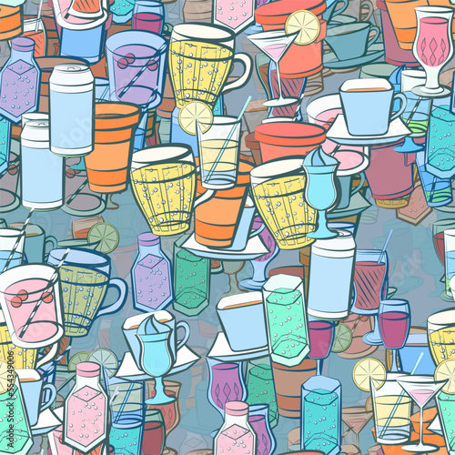 Background pattern abstract design texture. Seamless. Drinks. Theme is about wineglass, soda can, figured glass, wine, beer, cream, bottle, cocktail, hot drink, Cup, cardboard, drinking tube