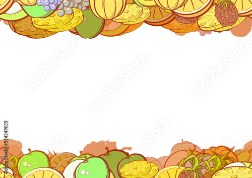 Background pattern abstract design texture. Fruits. Horizontal seamless stripes. Border frame, transparent background. Theme is about , lobules, slices, pieces, Apple, bananas, incision