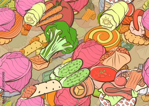 Background pattern abstract design texture. Seamless. Snacks and Health food. Theme is about meat, bitter, fish, shell, nutritious, vitamins, cheese, Chinese cabbage, heads, whole garlic