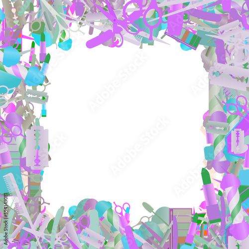 Background pattern abstract design texture. Border frame, transparent background. Theme is about tones, nail polish, pomade, comb, straight razor, toiletry, razor blade, shaving, cosmetology