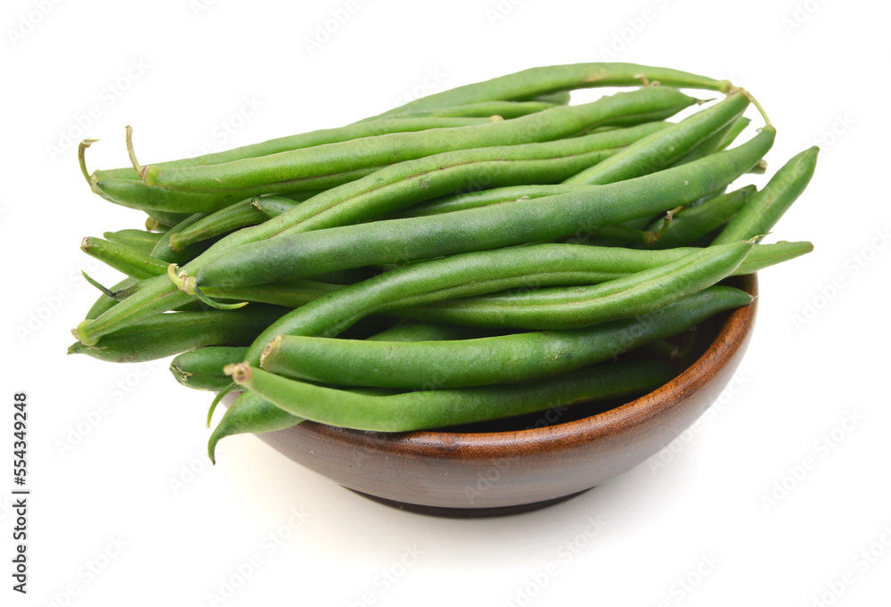 Green beans with leaves on white background Green beans with leaves on white background