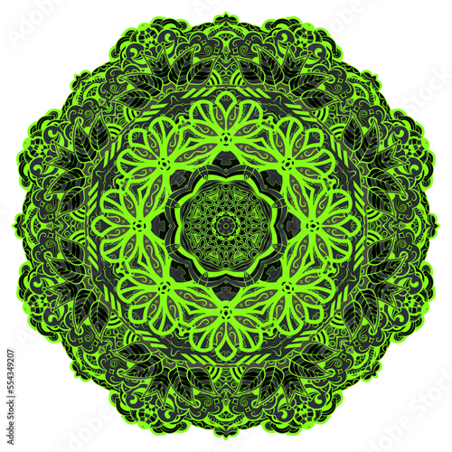 Mandala. Tracery wheel image. Mehndi design. Dark toxic colors. Ethnic doodle art. Curved doodling picture. Vector