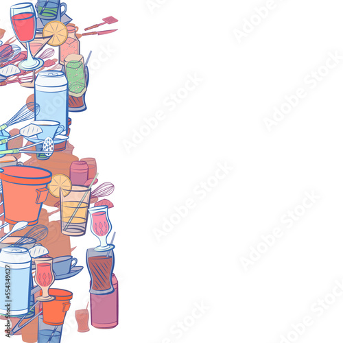 Background pattern abstract design texture. Cutlery and Drinks. Vertical seamless stripe. Border frame, transparent background. Theme is about kvass, drink, cherries, cola, tea, holes, scoop