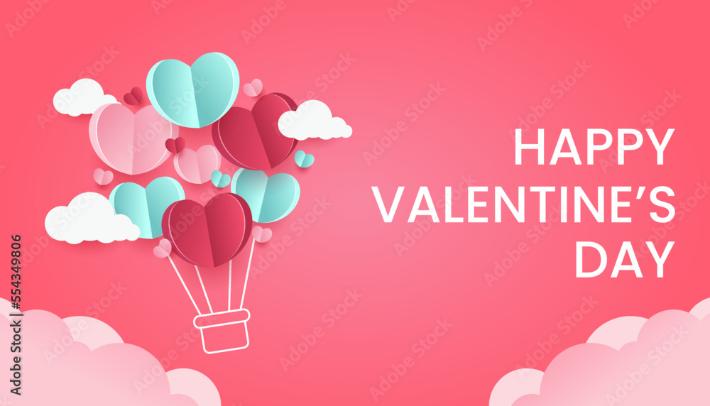 Happy Valentines Day with heart balloon and clouds