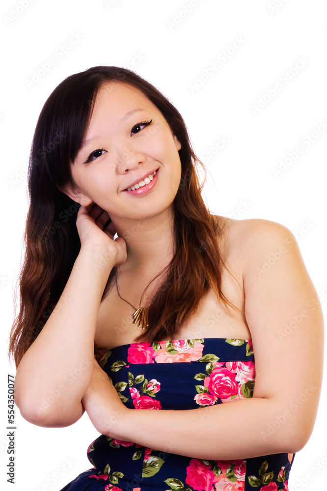 Chinese Amerian Woman In Colorful Off-Shoulder Dress Chinese Amerian Woman In Colorful Off-Shoulder Dress