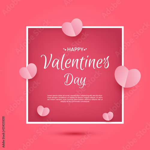 Happy Valentines day pink background. Heart elements with floating pink square frame. Paper cut style.