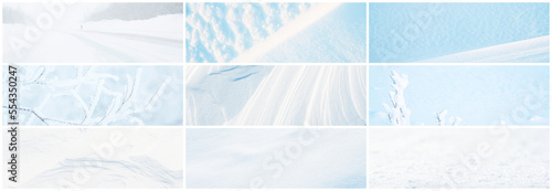 Set of snow textures. A collection of light winter backgrounds including: smooth clean white snow, wind sculpted patterns on the snowy ground, branches of trees and bushes covered with snow and frost. photo