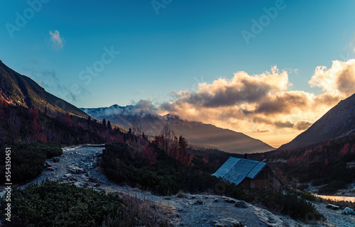 Sunrise in the Tatra mountains at a mountain hut