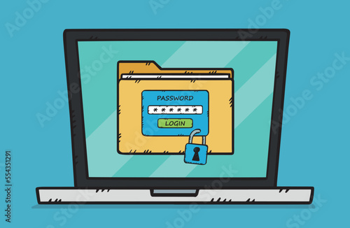 Graphic of a laptop on the screen of which displays a folder with files protected by a padlock and a login. To log in you need to enter a password. Hand drawn vector illustration.