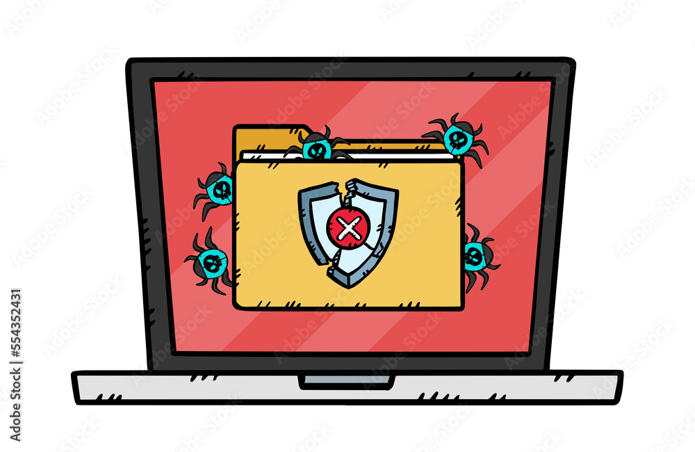 Graphic of a laptop on the screen of which displays a folder infected by viruses. Computer bugs escape from the folder and infect the device's system. Hand drawn illustration. Graphic of a laptop on the screen of which displays a folder infected by viruses. Computer bugs escape from the folder and infect the device's system. Hand drawn illustration.