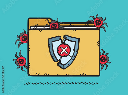 Graphics infected foldeu by computer bugs. The antivirus firewall has been destroyed and the virus gets out of the folder. Hand drawn vector illustration.