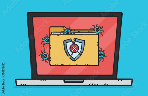 Graphic of a laptop on the screen of which displays a folder infected by viruses. Computer bugs escape from the folder and infect the device's system. Hand drawn vector illustration.