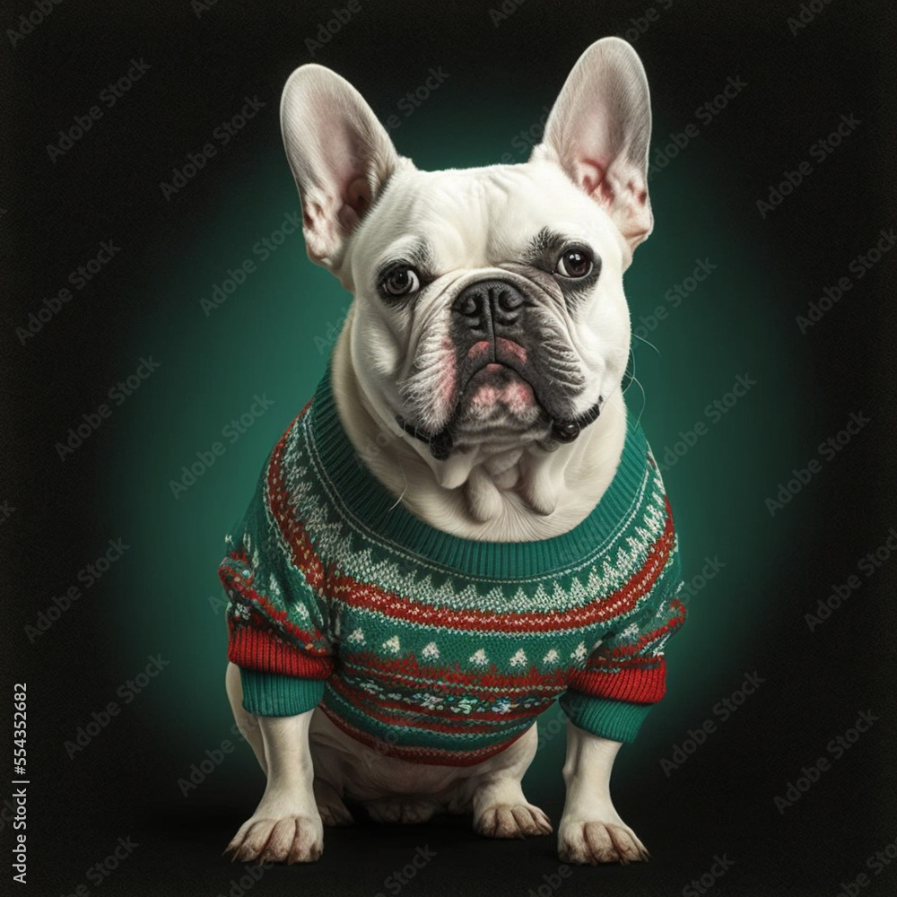 French bulldog in a ugly Christmas sweater created by generative artificial intelligence, generative ai