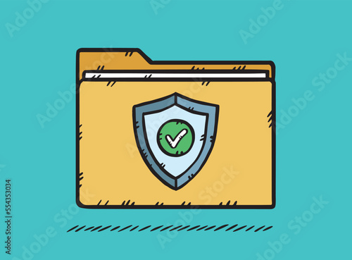 Antivirus shield graphics folder. Antivirus protects your data from computer viruses. Vector hand drawn illustration.