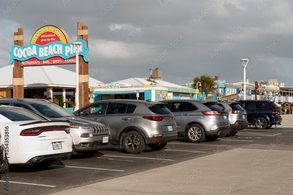 Cocoa Beach, Florida, USA. 2022. Parking area and entrance to tourist