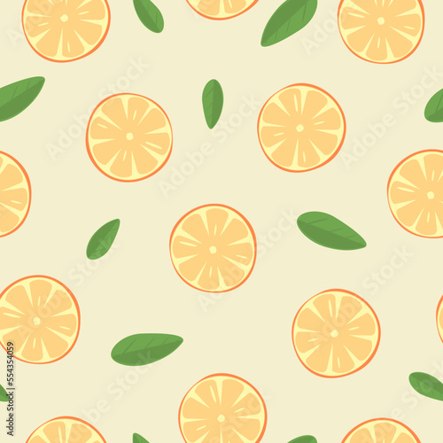 Seamless pattern with orange halves and leaves on a light background in vector