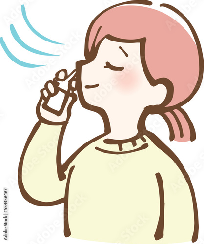 花粉症対策をする女性　鼻スプレー　イラスト