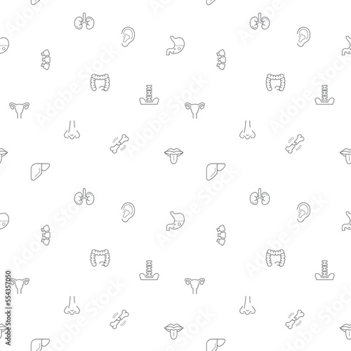 Seamless pattern with human anatomy and organ icon on white background. Included the icons as medical, heart, liver, brain, bones, lung, kidney, bladder, eye design elements And Other Elements.