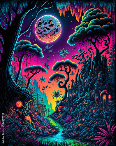 Fototapeta Naklejka Na Ścianę i Meble -  Psychedelic Jungle Landscape Generative AI
