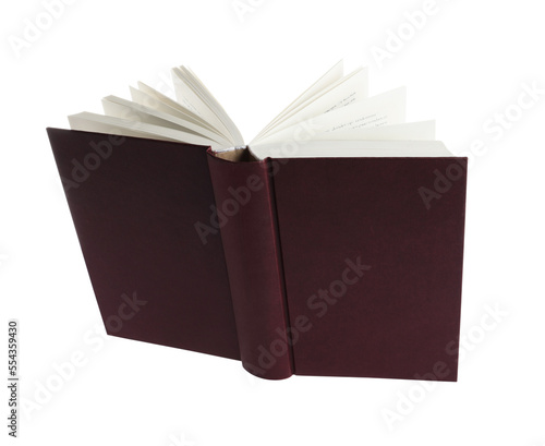 Open brown hardcover book isolated on white