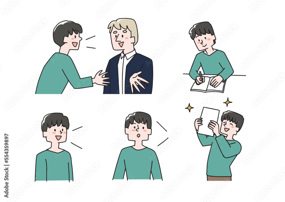 多言語学習をしている男性のイラストセット