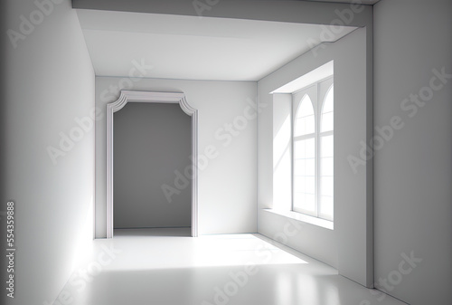 White  empty space without a door or a window. The inside of the recently restored space. Generative AI