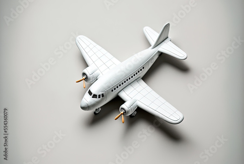 Top shot of a toy airplane on a light gray background. Room for text. Generative AI