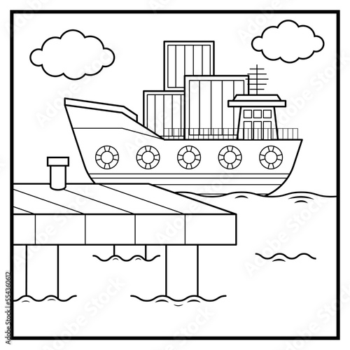 Coloring sheet of cargo ship at pier