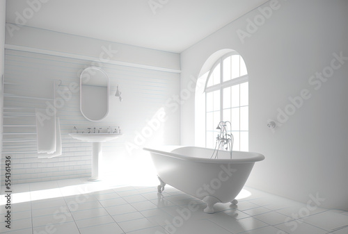 Interior of a bathroom in a white room with a bathtub and a white wall. Generative AI