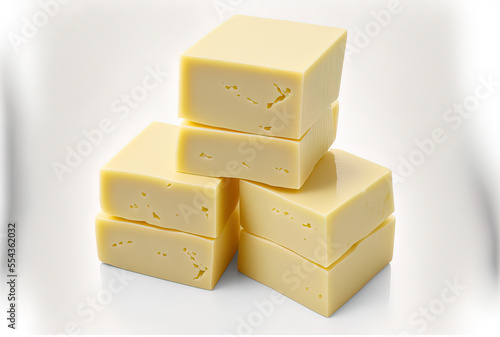 Stack of tofu cheese cubes isolated on a white background with a clipping path . Generative AI