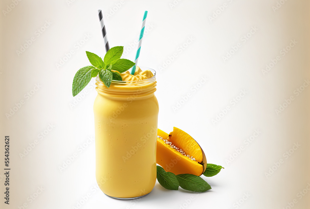Fototapeta premium On a white background, a healthy mango smoothie with mint and a straw is shown. Generative AI