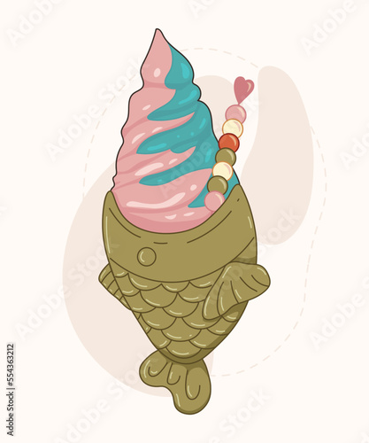 Taiyaki with ice cream and fruit balls. Asian street food, asian fish-shaped waffle, Korean sweet food.