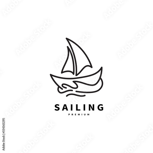 sailboat and wave sea ocean logo design with line art style vector illustration