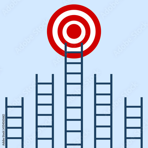 Ladder target achievement concept on blue background. target, success concept with space. aim high at the target target among the other short ladders on a blue background
