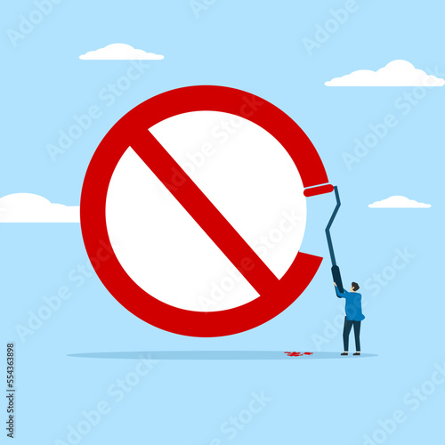 businessman painting prohibition symbol on wall. Prohibition or stop sign, forbidden, x attention and warning sign, prohibited or illegal concept, businessman climbing stairs to paint prohibition symb