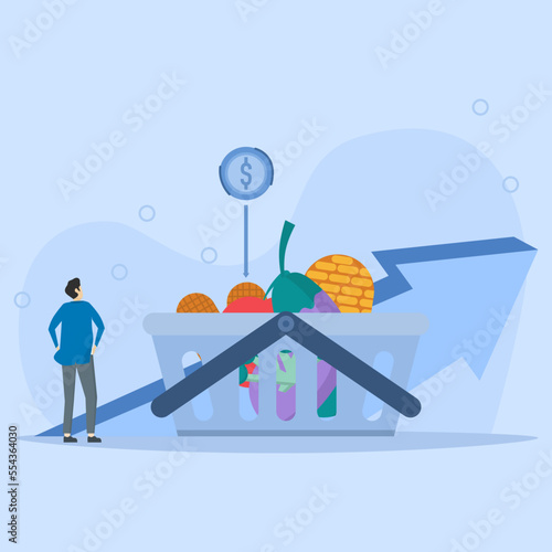 inflation illustration concept. Growth of consumer price index and financial crisis concept. The character buys food in the supermarket and is worried about rising prices for groceries.