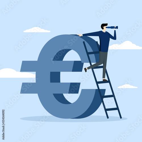 businessman investor climbing stairs on euro currency symbol, looking at telescope for clear vision. Forecast or vision of a future European economy, financial or EU economic recession.