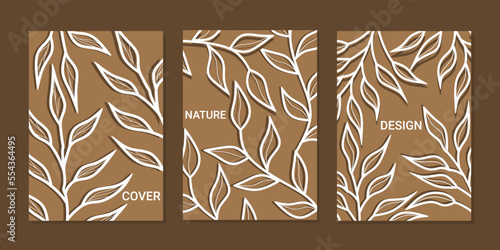 Abstract botanical universal cover template set. vector hand drawn leaves. Use for poster, card, invitation, flyer, cover, banner, placard, brochure, graphic design