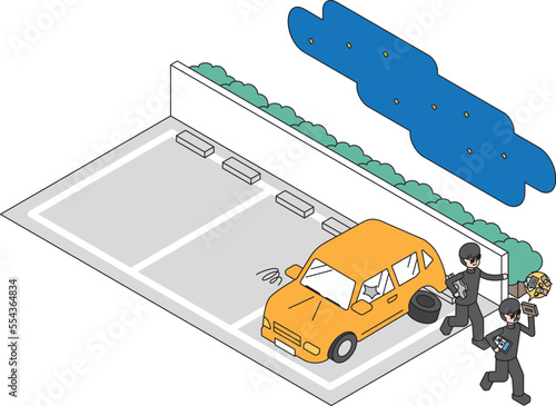 貴重品を盗られる自動車と犯罪者のアイソメイラスト