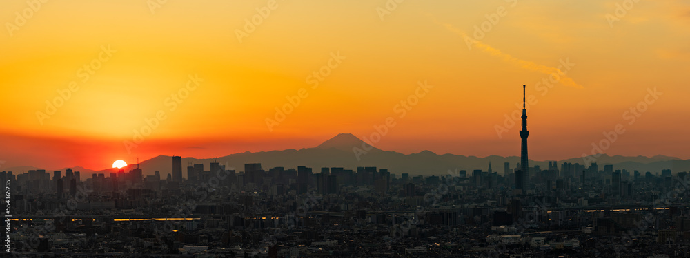 Sunset, Mt. Fuji and Tokyo Skytree panoramic view at dusk. Sunset, Mt. Fuji and Tokyo Skytree panoramic view at dusk.