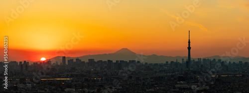 Canvas Print Sunset, Mt. Fuji and Tokyo Skytree panoramic view at dusk.