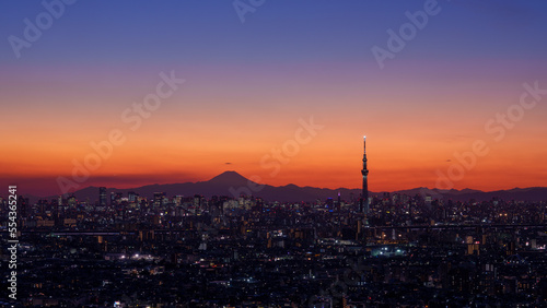 Cityscape of Tokyo with Mt. Fuji and Tokyo Skytree silhouette at dusk. © hit1912