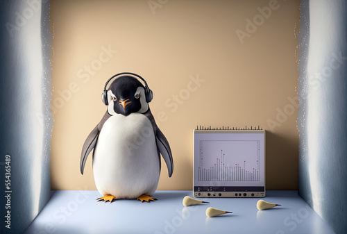 Cute penguin backdrop with notepaper listening to music. Generative AI