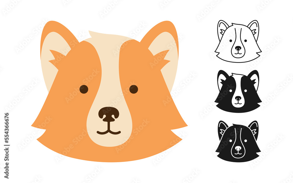 Dog corgi faces cartoon character set. Cute puppy childish kawaii head symbol muzzle, line doodle, icon or silhouette. Smiling funny doggy pet baby, cartoon comic print flat sticker template vector